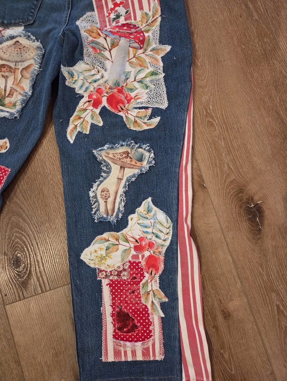 Patchwork Blue Denim Overalls Mushroom Motif Patchwork & A Bit Of Sequin 8/29 - Picture 10 of 14